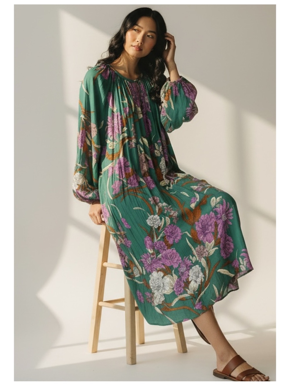 NEW Anthropologie Current Air Satin Floral Midid Dress M Green